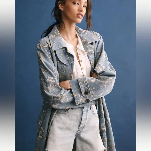 NWT - Avec Les Filles Printed Denim Trench Coat - Picture 4 of 4